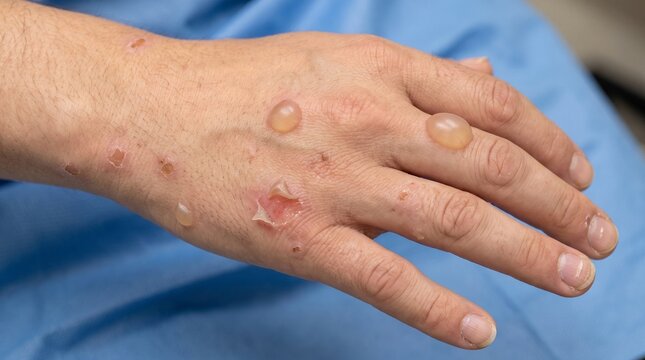 Realistic Clinical Close Up of Epidermolysis Bullosa with Fragile Skin and Superficial Blisters