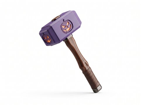 Purple halloween hammer with scary pumpkin face carving and wooden handle for spooky holiday festive season