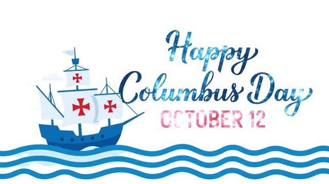 Columbus Day holiday greeting with sailing ship and waves