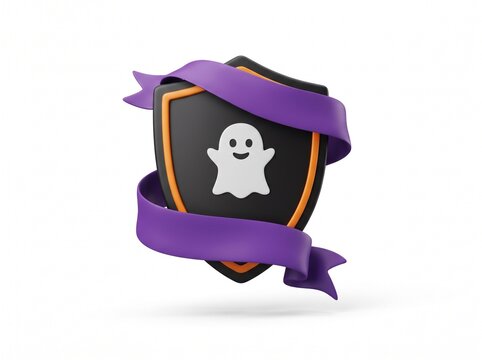 A cute white ghost icon on a black shield badge decorated with a festive purple ribbon for halloween holiday