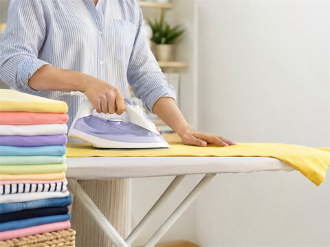 Woman ironing a light colored shirt on an ironing board beside neatly folded laundry in a bright home setting demonstrating routine clothing care and household organization and laundry routines