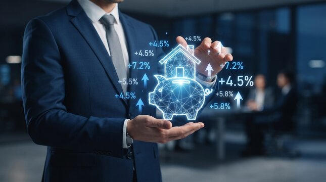 Businessman in a suit holding a glowing digital piggy bank icon with rising financial growth percentages display