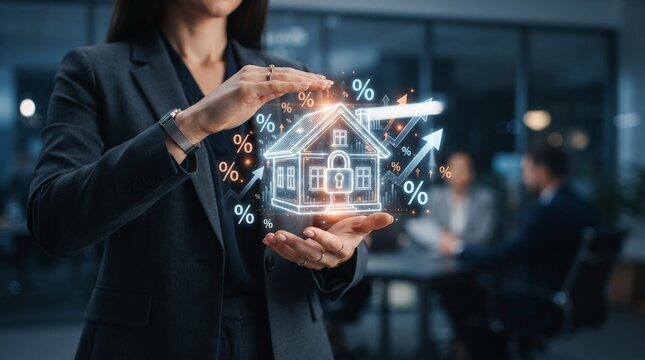 Business person holding a glowing digital house icon with rising mortgage interest rate percentage symbols