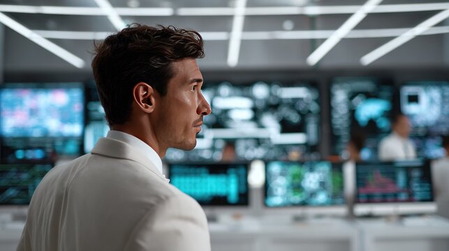 Observant Analyst in Control Room: A focused man in a lab coat observes data on multiple monitors displaying complex information, suggesting a high-tech surveillance or research environment.