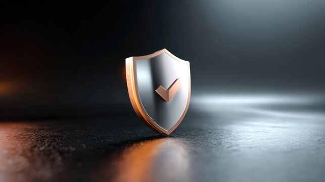 Symbol of Security: A metallic shield with a prominent checkmark, symbolizing safety and protection, stands strong against a dark, atmospheric background.
