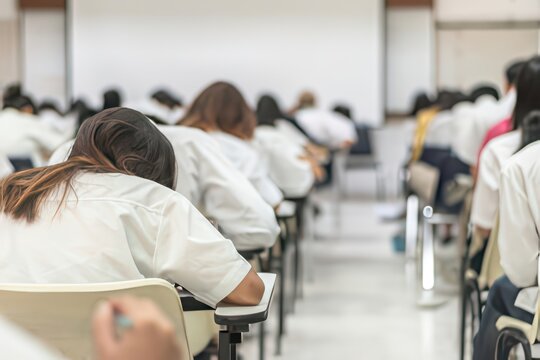 Students taking exam in classroom lecture hall