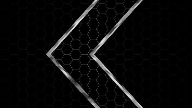 Dark tech background with metallic chevron arrows hexagonal grid animation