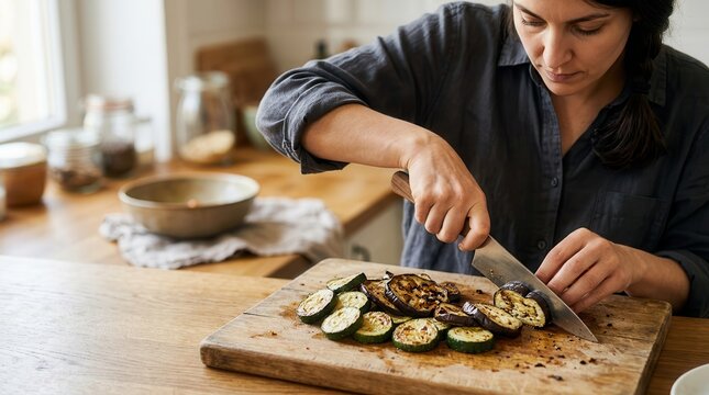 Woman Carefully Slicing Fresh Eggplant and Zucchini on a Rustic Wooden Cutting Board in a Bright Modern Kitchen for a Healthy Home Cooked Meal