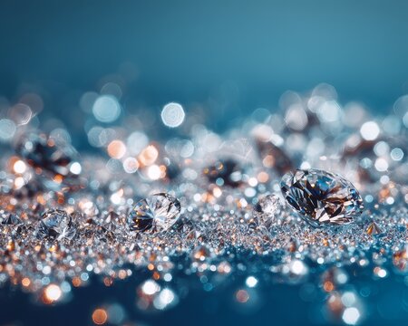 Scattered sparkling diamonds on blue satin fabric, shallow depth of field luxury jewelry background