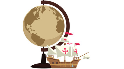 Vintage terrestrial globe and old sailing ship with white sails and red crosses, age of discovery and maritime exploration vector illustration © DILSHAD24 