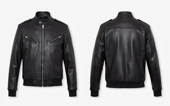 Black leather bomber jacket front and back view isolated on white background