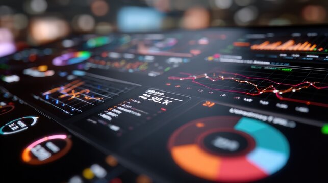 Data Analytics Dashboard: A high-tech digital display showcasing complex data visualizations, including charts, graphs, and analytics, providing insights into market trends and performance metrics.