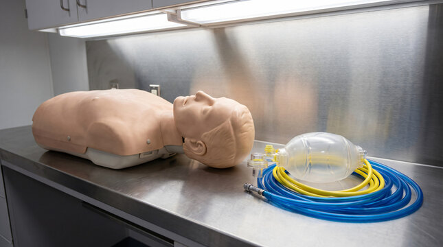 Medical training manikin and resuscitation bag with tubing on stainless steel lab counter