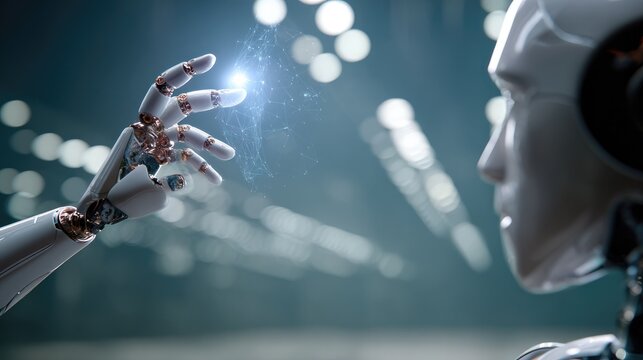 Robot Touch: A humanoid robot's metallic hand delicately touches a glowing orb of light, symbolizing the intersection of artificial intelligence and the intangible world.