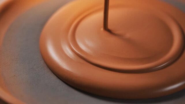 Liquid clay slip pours and pools across textured ceramic, forming smooth matte ribbons under warm angled lighting in an earthy terracotta and grey artisanal macro scene.