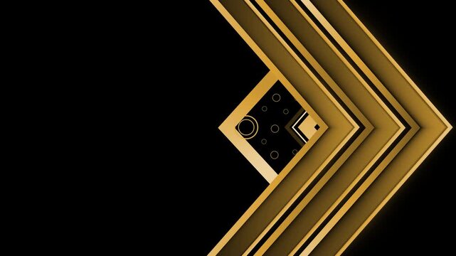 Abstract geometric composition angled squares layered chevrons with metallic gradients and circular accents animation