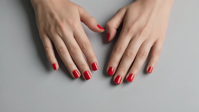 Hands with red nail polish moving gracefully against a clean grey backdrop