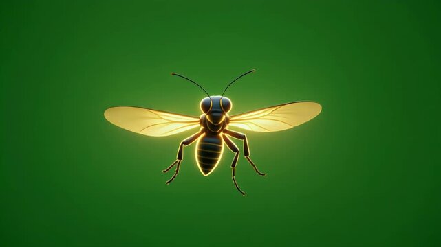 A stylized bee with glowing wings hovers against a green background.