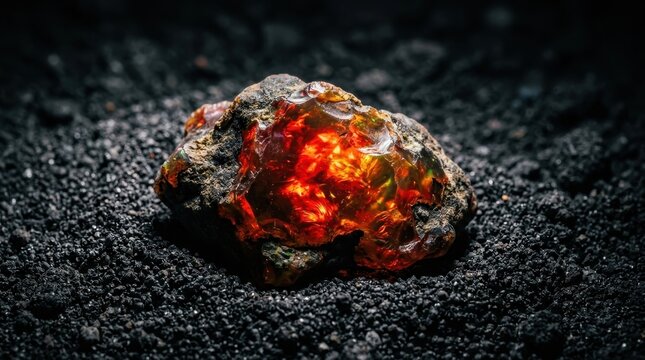 Striking Fire Opal Rough Specimen Displaying Intense Red and Amber Glow on Dark Textured Background