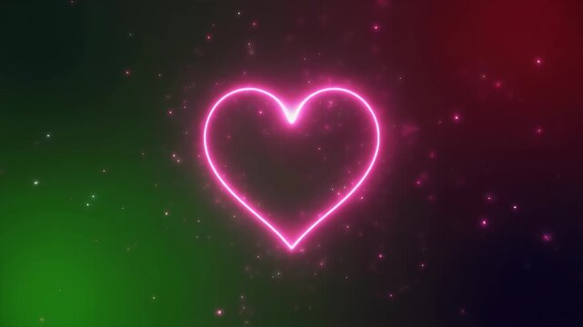 A vibrant pink neon heart glows amidst a bokeh of sparkling lights on a dark, gradient background.