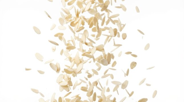 Almond slivers falling against white background