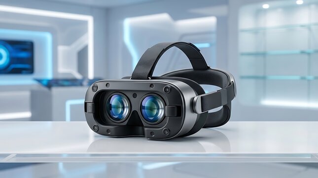 Sleek virtual reality headset in a high tech futuristic laboratory