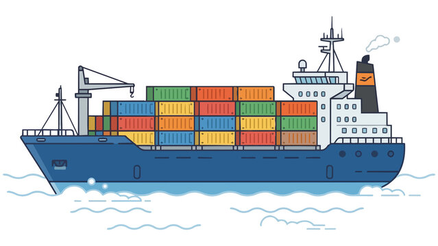 Large cargo ship carrying colorful shipping containers on the sea, international freight transport and maritime logistics vector illustration