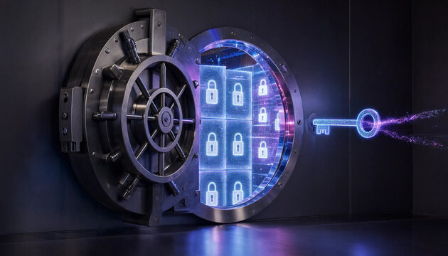 Harvest Now, Decrypt Later Cybersecurity Concept with Digital Vault and Encryption Key