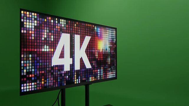 A monitor displays "4K" in large white text against a green screen background.