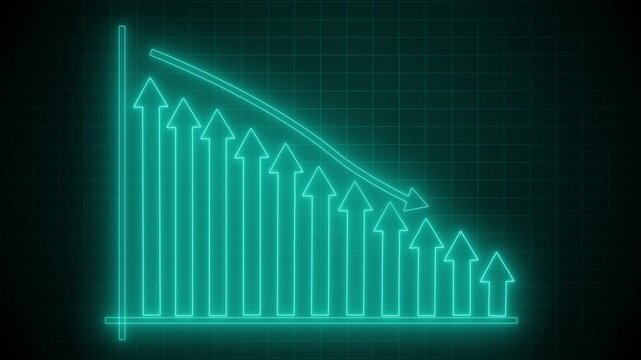 Neon-style glowing line graph background showing descending upward arrows animation