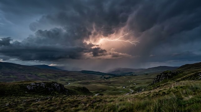 Dramatic lightning strike over rolling green hills and storm clouds