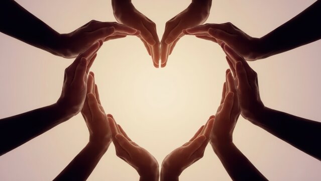 Hands forming a heart shape, symbolizing love and unity, on a warm glowing background.