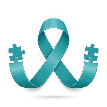 Clean modern awareness-day graphic with a central teal ribbon formed into a loop, ribbon tails extending into stylized puzzle pieces, and bold typography on pure white background