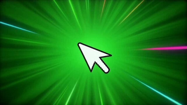 A white cursor arrow hovers over a vibrant green background with glowing light streaks.