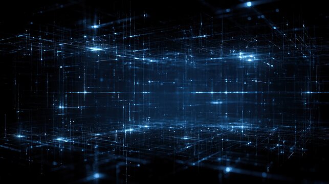 Abstract 3 d digital network grid with blue glowing lights on black background