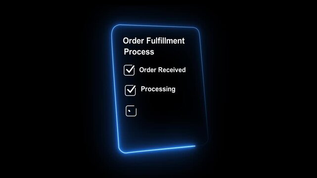 glowing neon Order fulfillment process shown smartphone warehouse with stacked cardboard boxes for supply chain logistic delivery packaging fragile smart black background. animation 4k video