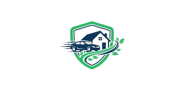 Animated logo with car and house inside shield, motion graphics, white background