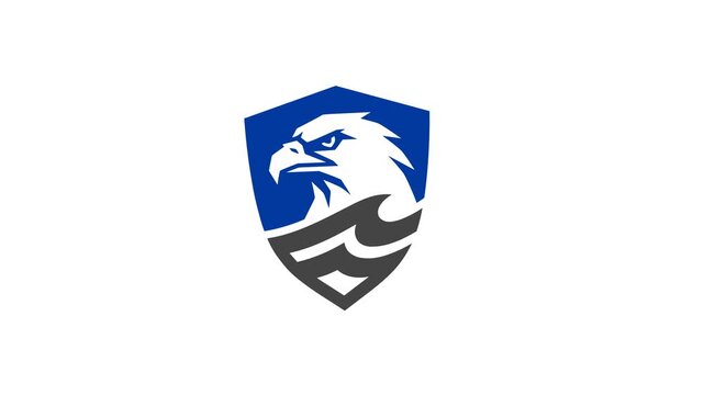 Animated shield with eagle emblem, blue and grey colors, centered on white background, clean motion graphics