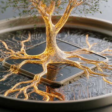 Glowing tree of life roots growing on futuristic circuit board