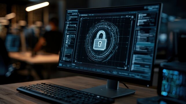 Cybersecurity computer screen displaying a digital lock icon and code office setting