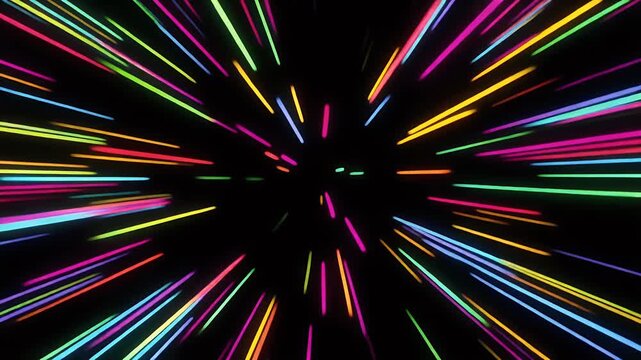 A psychedelic warp speed effect with colorful neon lines radiating from a central point against a black background.