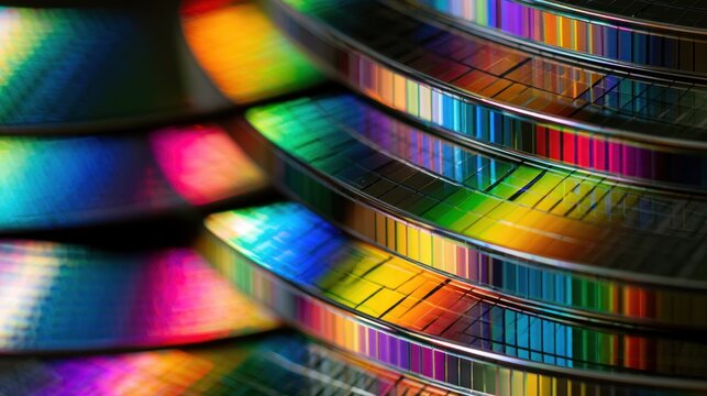 Closeup of stacked silicon wafers with iridescent rainbow colors and grid patterns