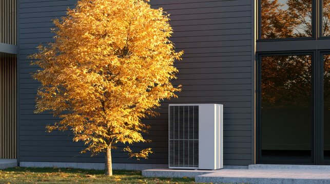 Modern home exterior with outdoor air conditioning unit and autumn tree