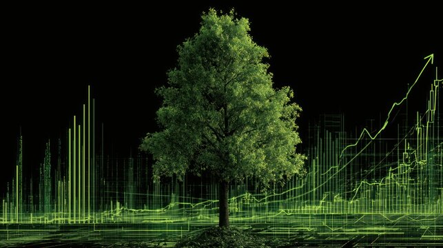 Green tree growing amidst digital financial charts and graphs