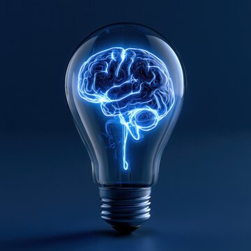 Glowing blue brain inside light bulb on dark blue background