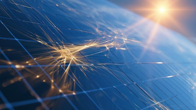 Abstract close up of solar panel with sun glare and light streaks