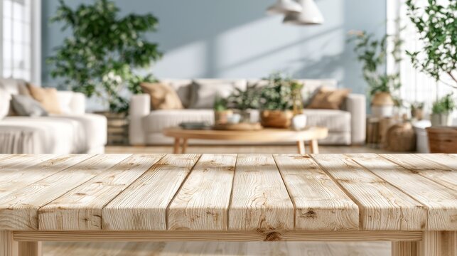 Light wood table surface in a bright airy living room with plants