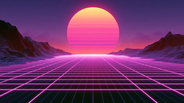 Retrofuturistic landscape with neon grid and large sun