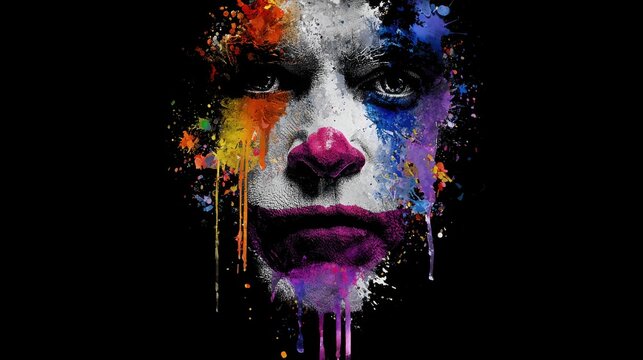 Face of a man is covered in vibrant paint splatters that drip down against a dark background.