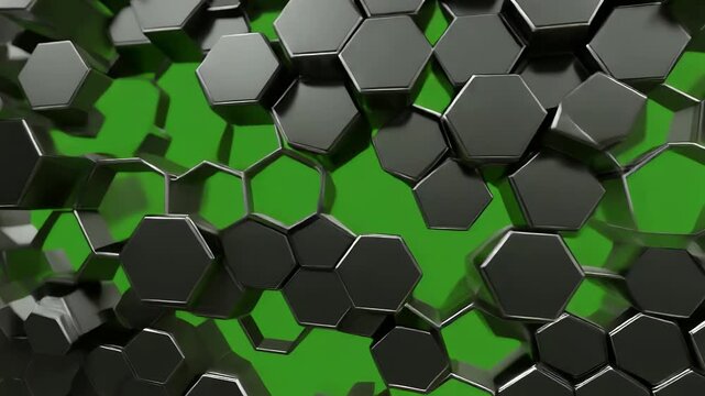 Close-up view of a metallic hexagonal grid pattern on a green background.